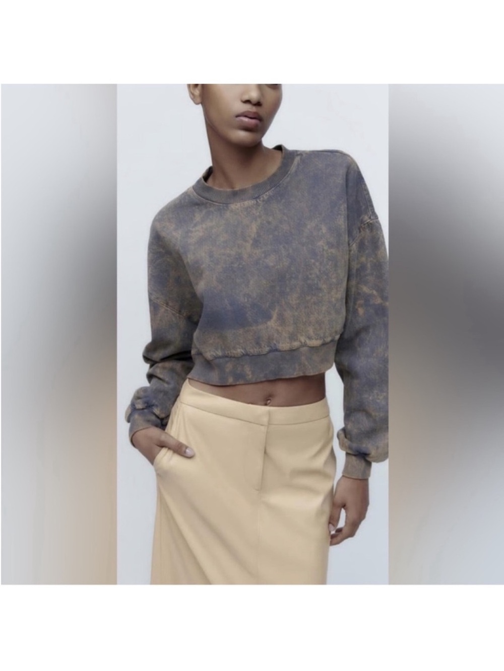 Zara Washed Effect Cropped Sweatshirt Sweater Sz XS Denim Jean look